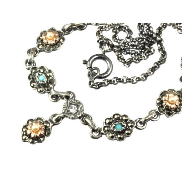 Stříbrný náhrdelník s tyrkysy a markazity 270 portugal